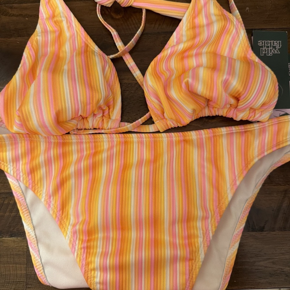 Wild Fable Bikini Mid Rise High Leg Cheeky Orange Pink Stripe M Removable Pads